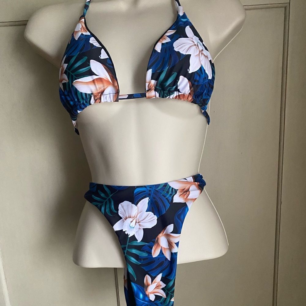 Tropical Print Triangle String Bikini M L - Picture 4 of 10